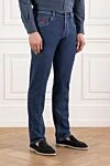 Scissor Scriptor Dark blue cotton cashmere jeans with red trim and checkered patch - 93% cotton, 6% cashmere, 1% elastomer. zipper, button, drawstring. five pockets. . 
