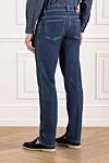 Dark blue cotton cashmere jeans with red trim and checkered patch Scissor Scriptor - 93% cotton, 6% cashmere, 1% elastomer. zipper, button, drawstring. five pockets. . 