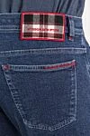 Scissor Scriptor Dark blue cotton cashmere jeans with red trim and checkered patch - 93% cotton, 6% cashmere, 1% elastomer. zipper, button, drawstring. five pockets. . 