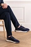 Мужские синие кроссовки из эластичного трикотажа на белой подошве Santoni - контрастная окантовка. 90% шерсть, 10% натуральная кожа. шнуровка. резиновая подошва. Страна производитель: Италия. Уход: специализированная чистка - фото 2