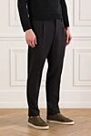 Berwich Men's black trousers with neat pleats and an adjustable drawstring - Decoration: tucks. 70% viscose, 30% polyamide. drawstring, zipper. two side pockets, one back pocket. Country of manufacture: Italy. Care: specialized cleaning - photo 3