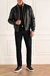 Black leather jacket for men Cortigiani - Contrasting stand collar. 100% leather. Closure: Zipper. Two side pockets. Country of manufacture: Italy. Care: specialized cleaning - photo 2