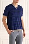 Drumohr Blue cotton T-shirt for men - stripe pattern. V-neck, contrast trim. 100% cotton. Country of manufacture: Italy. Care: specialized cleaning - photo 3