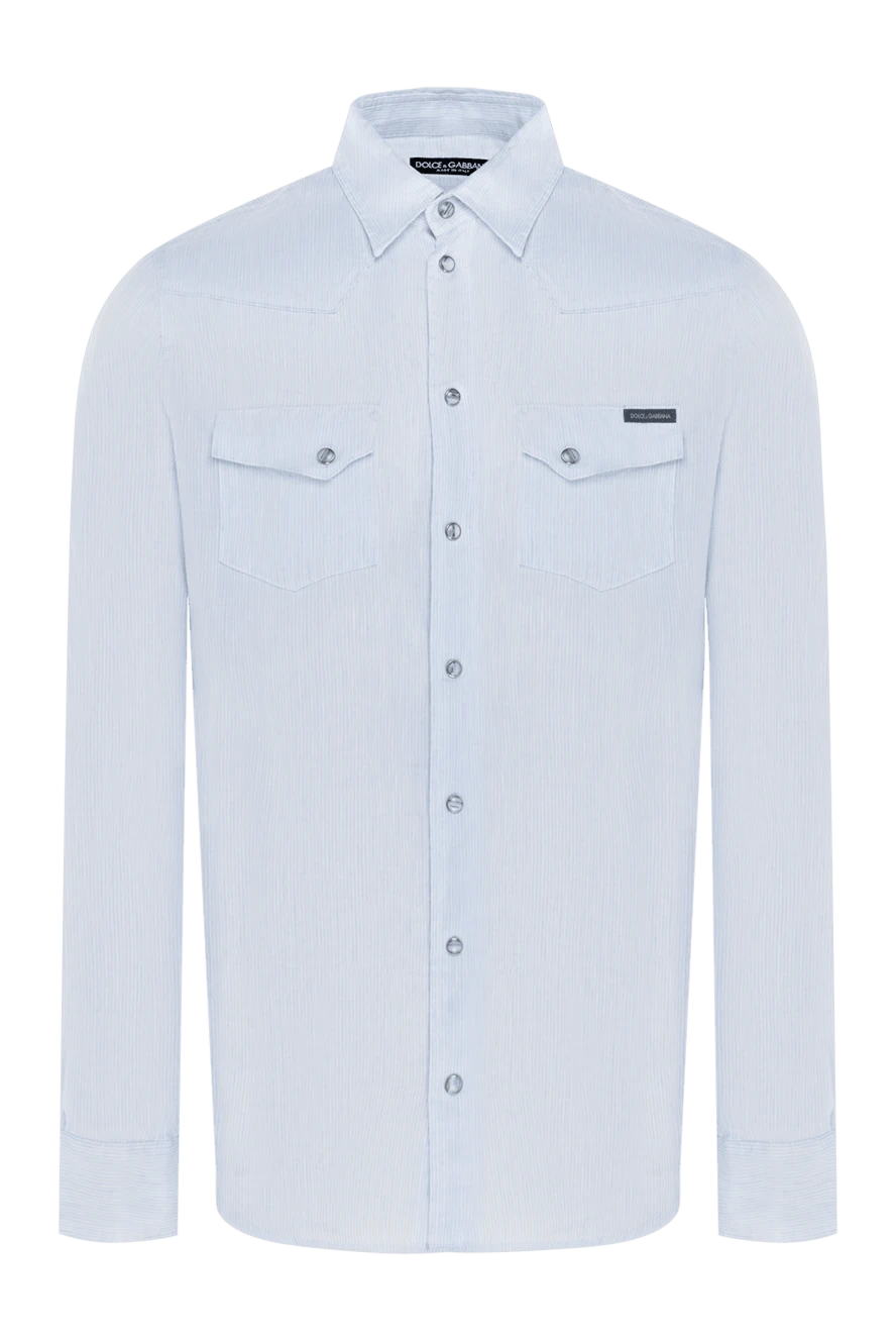Dolce & Gabbana Men's blue cotton and linen shirt - two chest pockets. stripe pattern, logo. 43% cotton, 57% linen. Closure: buttons. Country of manufacture: Italy. Care: specialized cleaning - photo 1