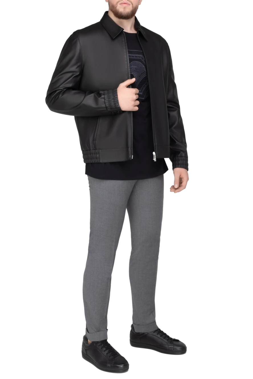 Hettabretz mens black leather jacket with a turn-down collar