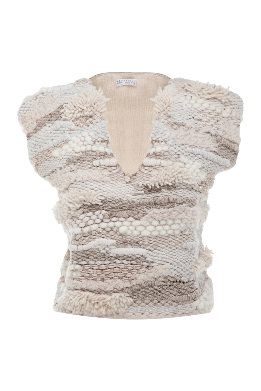 Brunello Cucinelli Cashmere top for women beige - V-neck, fancy pattern. 100% cashmere. Country of manufacture: Italy. Care: specialized cleaning - photo 1