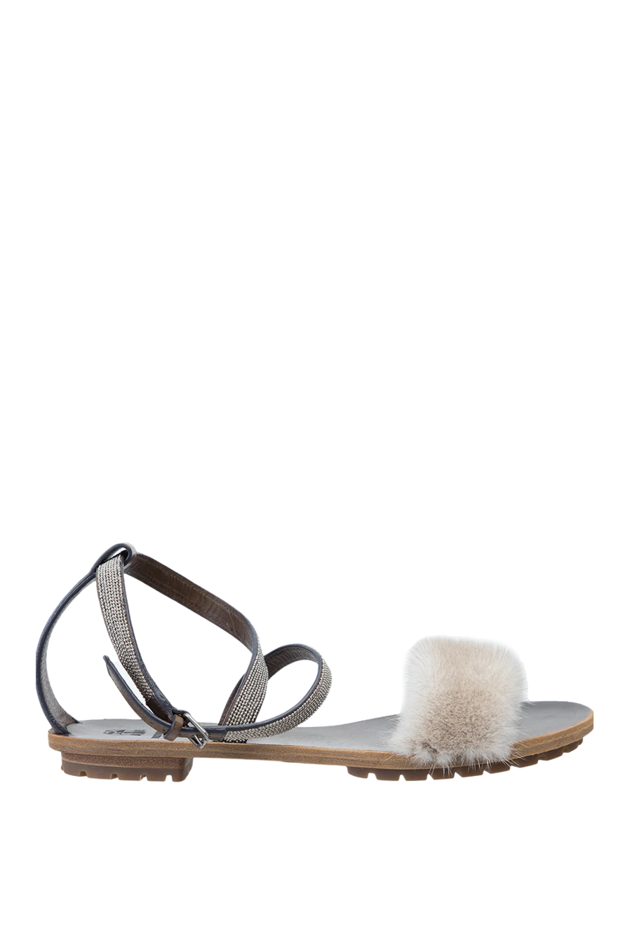 Brunello Cucinelli Women's leather sandals with fur and shiny stripe, brown - contrasting sole, fur, shiny stripe. leather. buckle. Country of manufacture: Italy. Care: specialized cleaning - photo 1