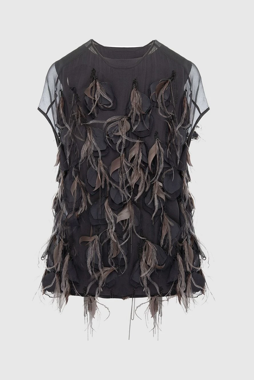 Brunello Cucinelli Women's silk blouse decorated with feathers and fabric gray - short sleeves, appliques, lining. silk. Country of manufacture: Italy. Care: specialized cleaning - photo 1