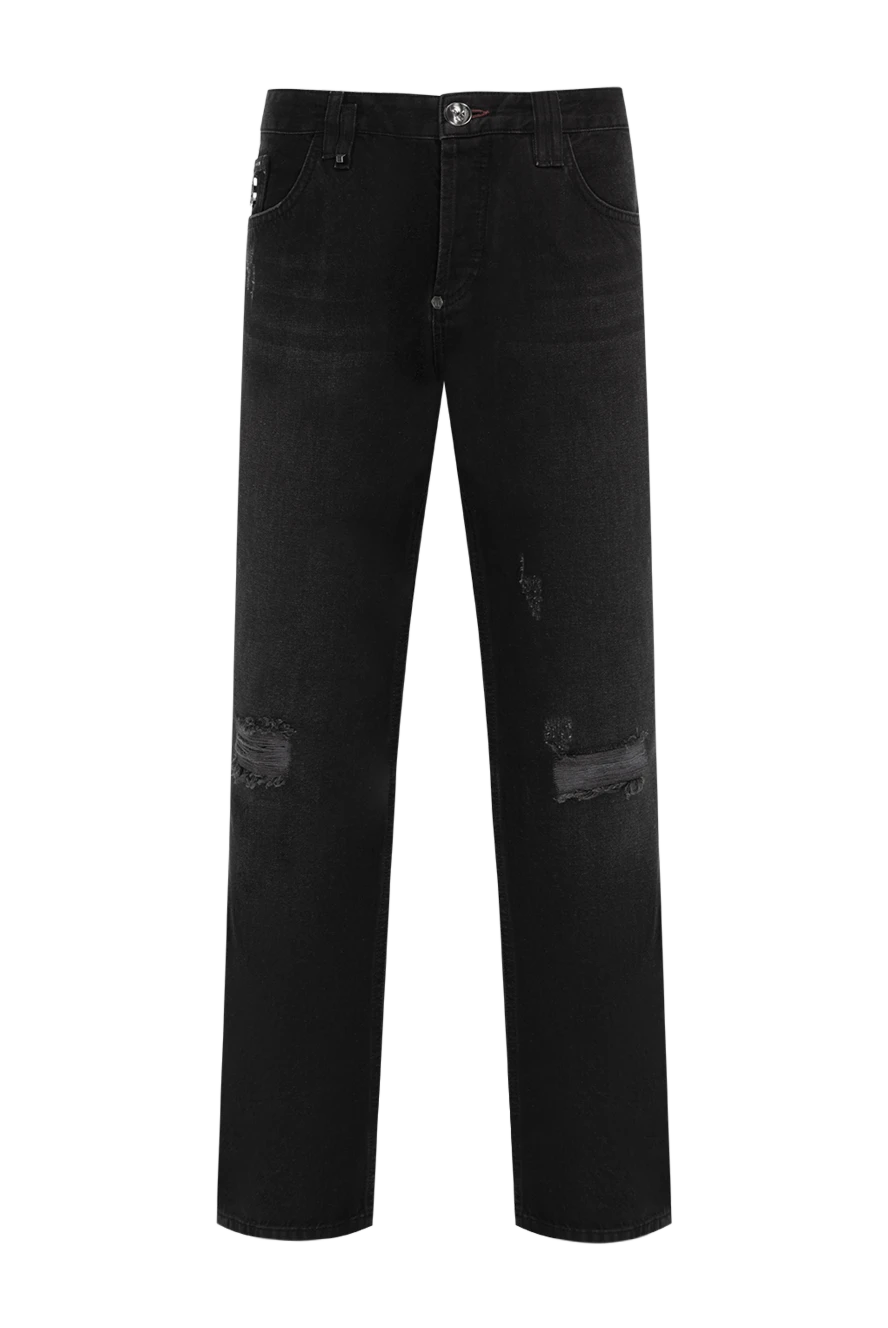 Philipp Plein Blue cotton jeans for men - logo, contrast stitching, distressed effect, holes. 100% cotton. button, zipper. Three side pockets, two back pockets. Country of manufacture: Italy. Care: specialized cleaning - photo 1