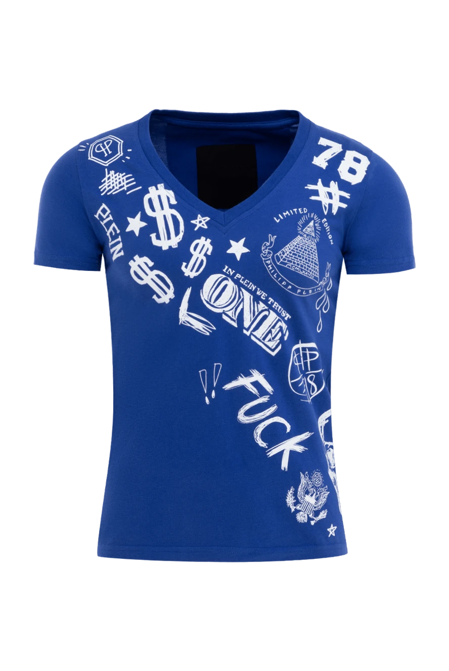 Philipp Plein Cotton T-shirt blue for men - v-neck, print. 100% cotton. Country of manufacture: Italy. Care: specialized cleaning - photo 1