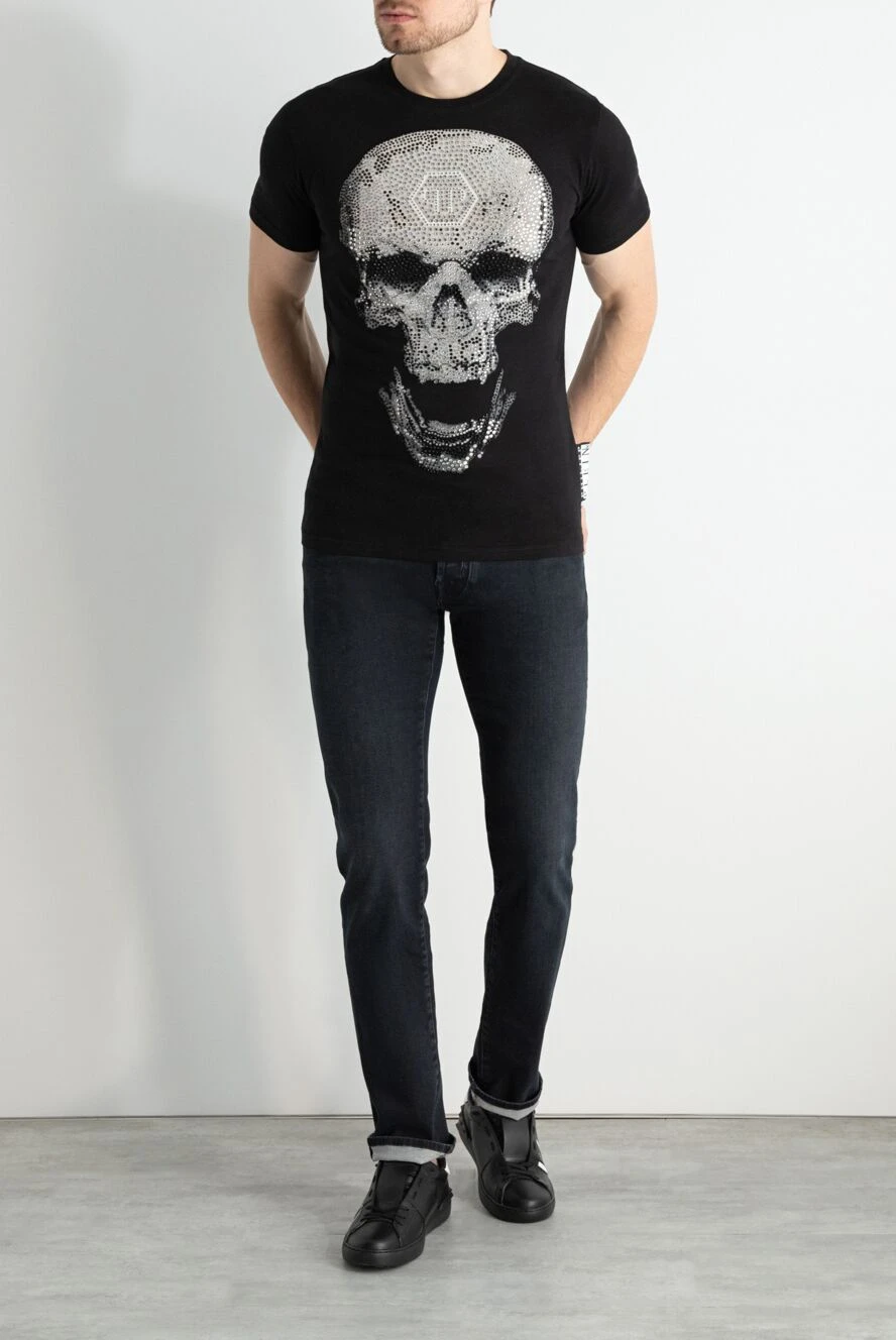 Philipp Plein men's black cotton t-shirt white skull