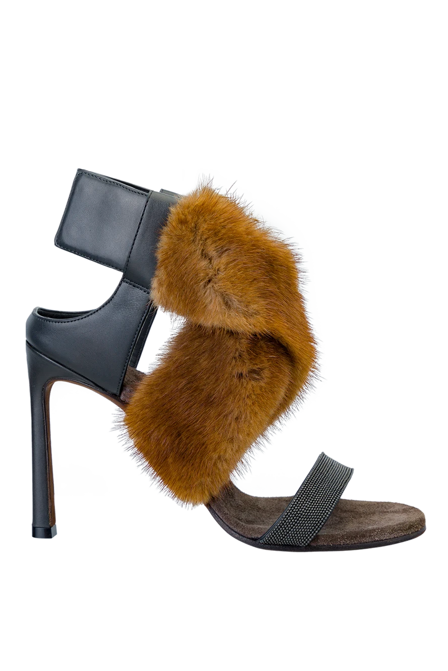 Brunello Cucinelli Women's black leather sandals with brown fur - fur. genuine leather, mink fur. buckle. Heel: 10 cm. Country of manufacture: Italy. Care: specialized cleaning - photo 1