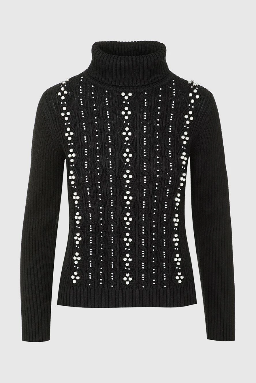 Edward Achour Paris Black wool and cotton sweater for women - pearl embroidery, high neck. 55% wool, 45% cotton. Country of manufacture: Italy. Care: specialized cleaning - photo 1