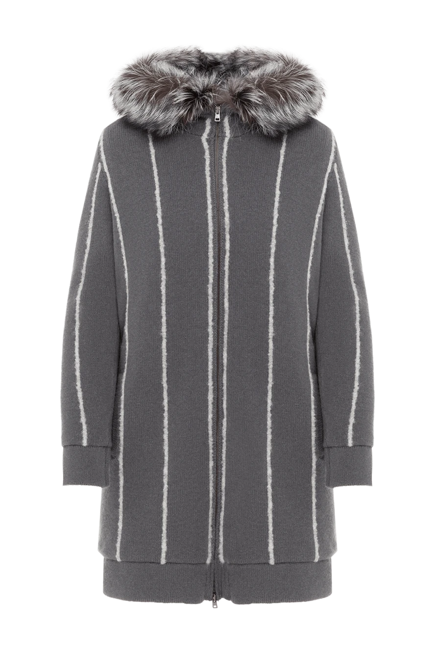 Panicale Gray coat for women - fur hood, contrasting stripes. 73% wool, 16% silk, 8% cashmere, 2% polyamide. Closure: zipper. two side pockets. Country of manufacture: Italy. Care: specialized cleaning - photo 1