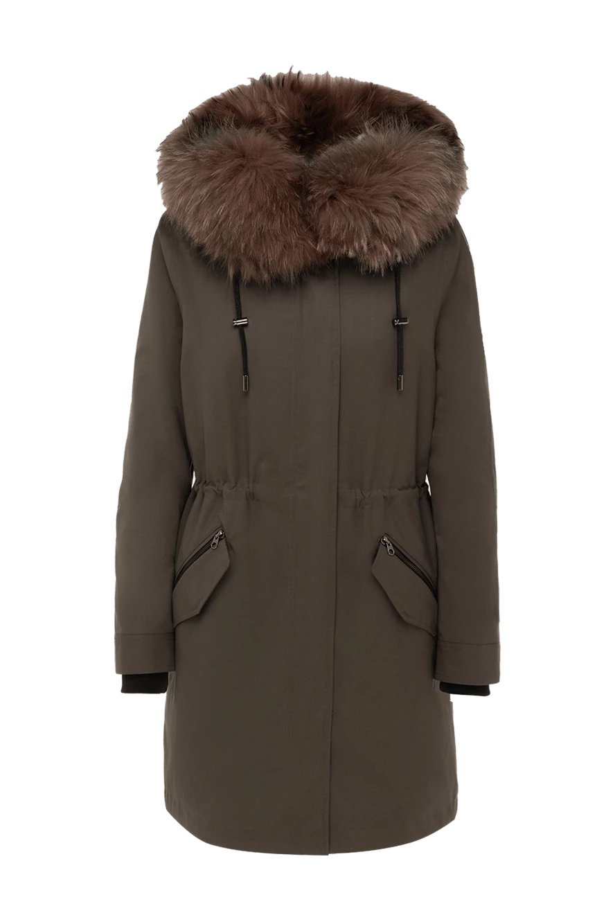 Intuition Green parka for women - fur hood, slits on the side seams. hood. 70% polyester, 30% viscose, real fur. zipper, buttons. two side pockets. Country of manufacture: Italy. Care: specialized cleaning - photo 1