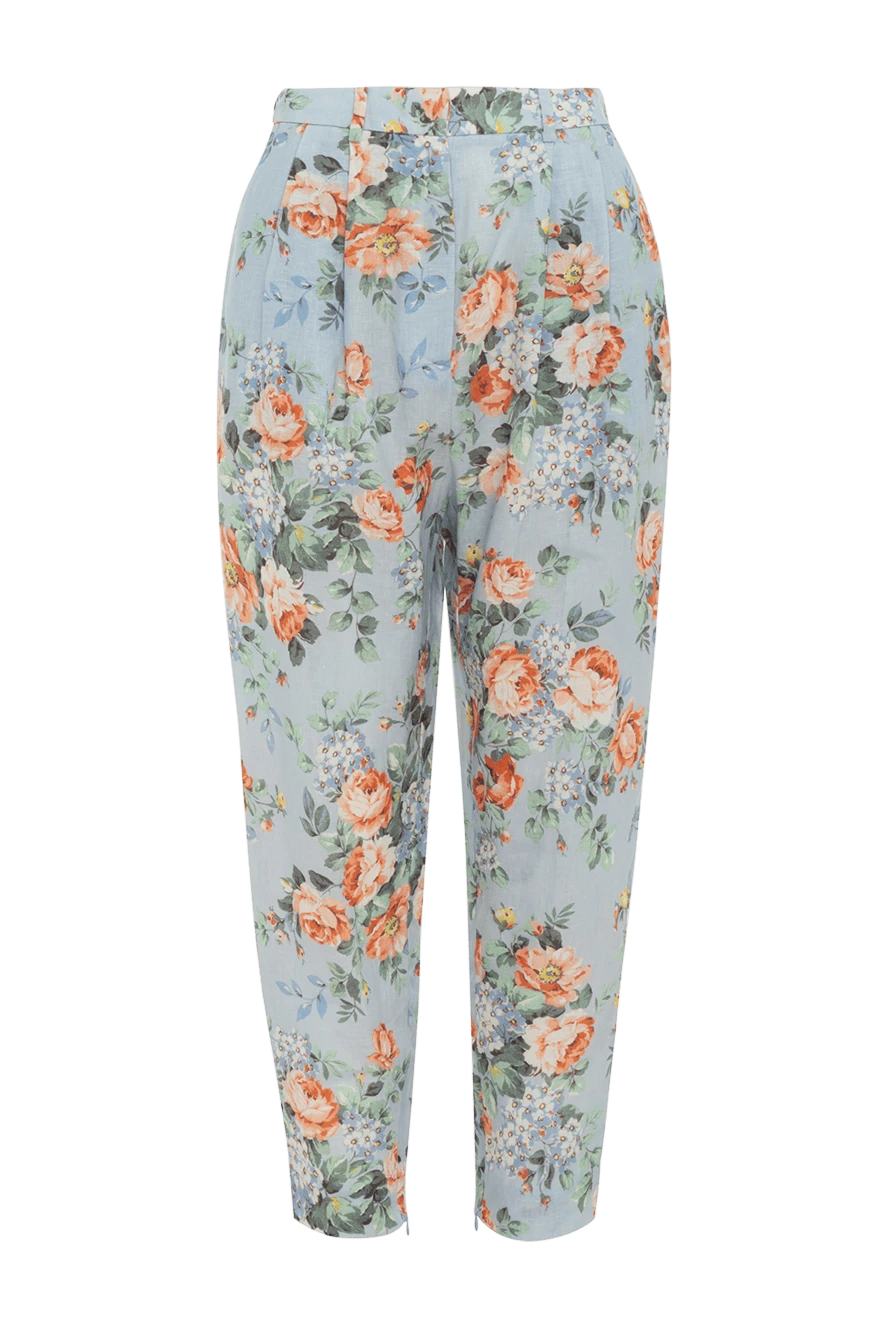 Zimmermann Blue linen pants for women - floral pattern. two pockets. 100% linen. zipper, hook. Country of manufacture: Italy. Care: specialized cleaning - photo 1