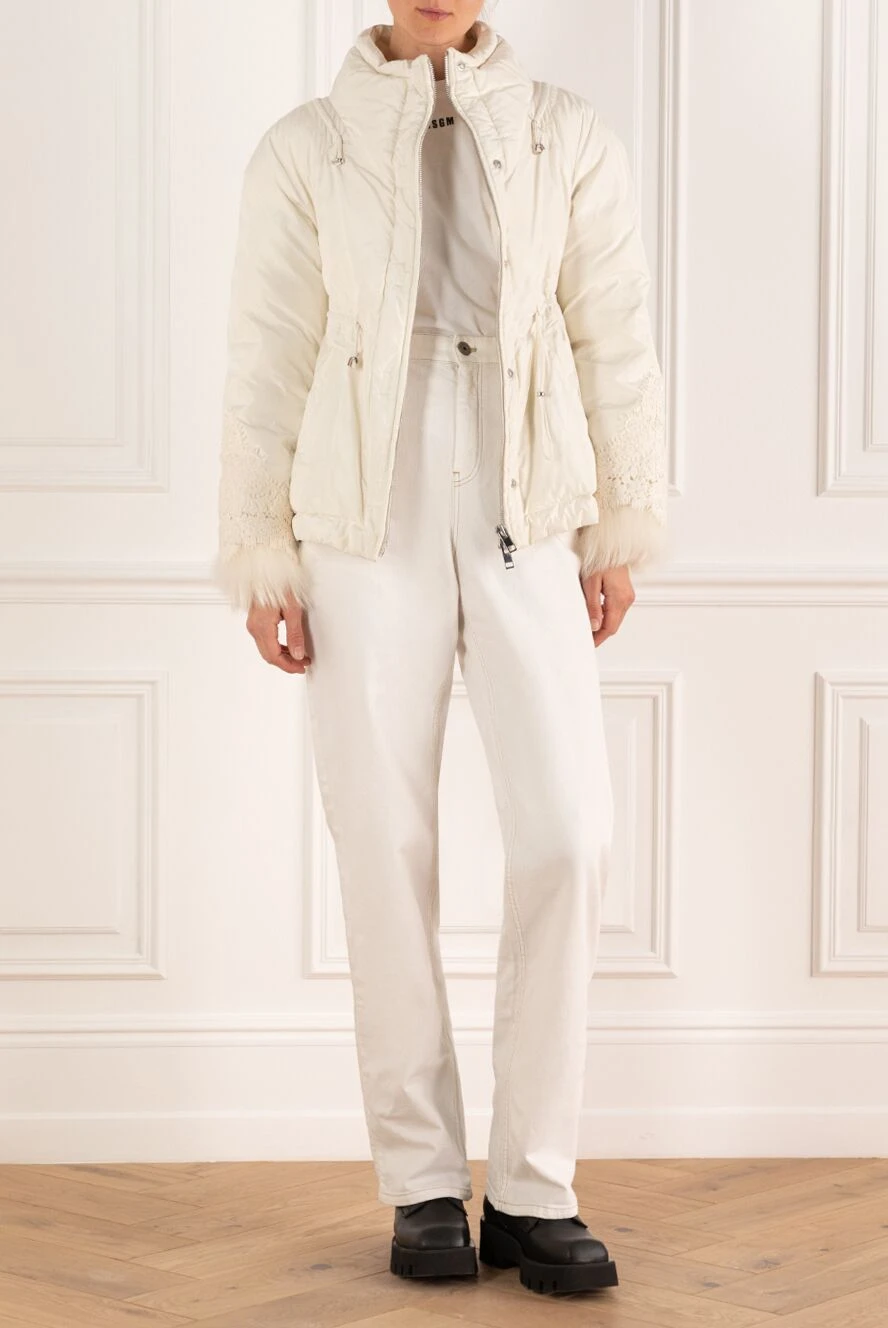 Ermanno Scervino ivory down jacket with decorative lace and fur on