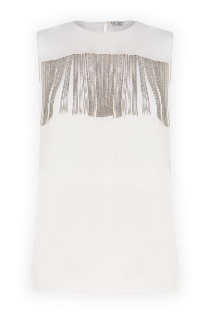Brunello Cucinelli Women's top white with gray fringe - sleeveless, fringe. silk, elastane. button. Country of manufacture: Italy. Care: specialized cleaning - photo 1