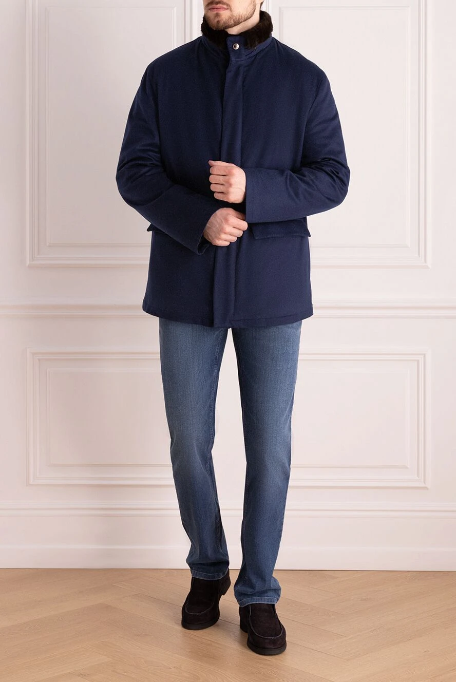 Kired men's blue cashmere jacket with contrasting fur collar Kired men's blue cashmere jacket with contrasting fur collar
