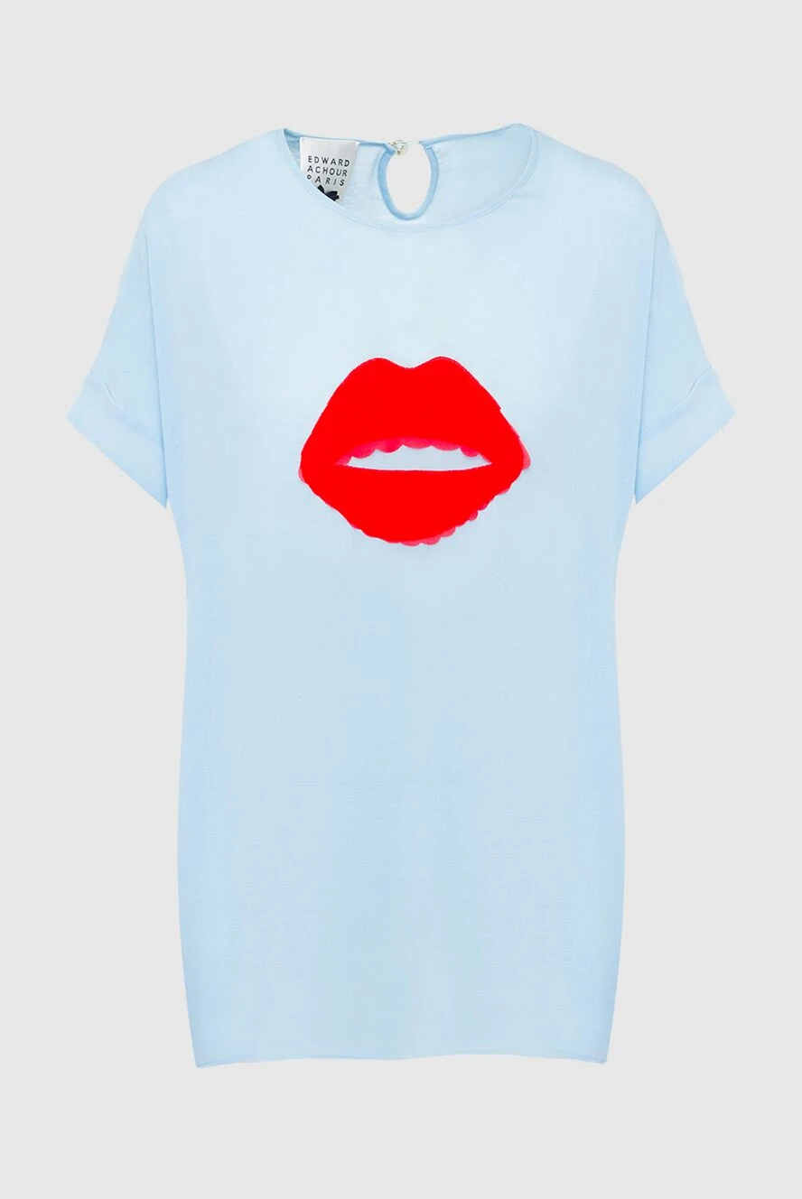 Edward Achour Paris Women's blouse with a lips pattern blue - lips pattern, short sleeve. 100% polyester. Country of manufacture: Italy. Care: specialized cleaning - photo 1