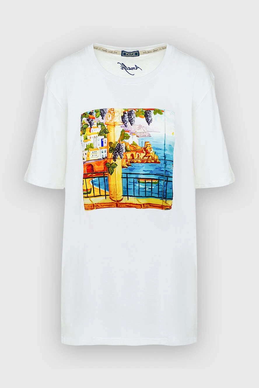 FeFe Women's cotton white t-shirt with ocean print - picture print. 100% cotton. Country of manufacture: Italy. Care: specialized cleaning - photo 1