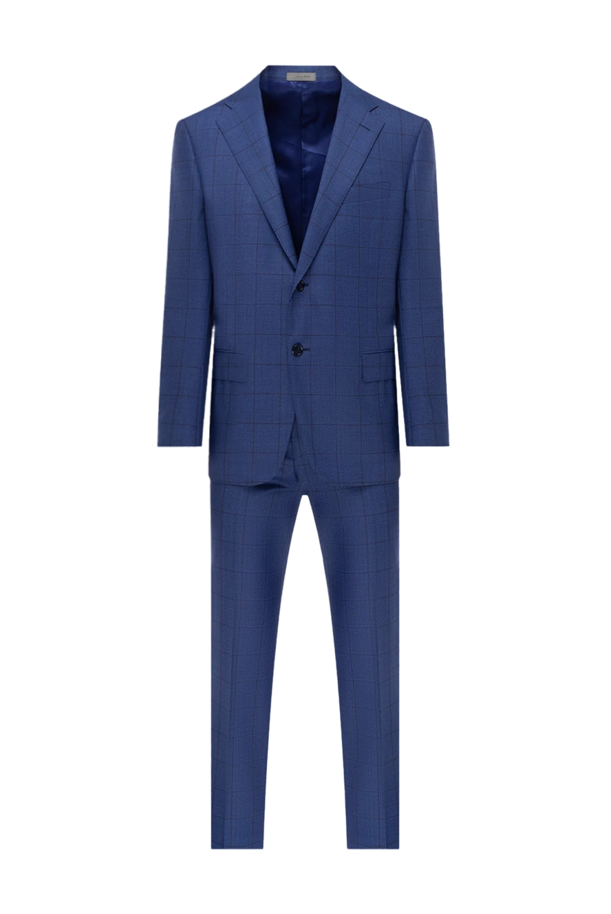 Corneliani Men's suit made of blue wool - Slit, checkered pattern. 100% wool. Closure: Buttons, hook. Chest pocket, two flap pockets. Three pockets. Two side pockets, two back pockets with buttons. Lining: 100% cupro. Country of manufacture: Italy. Care: specialized cleaning - photo 1