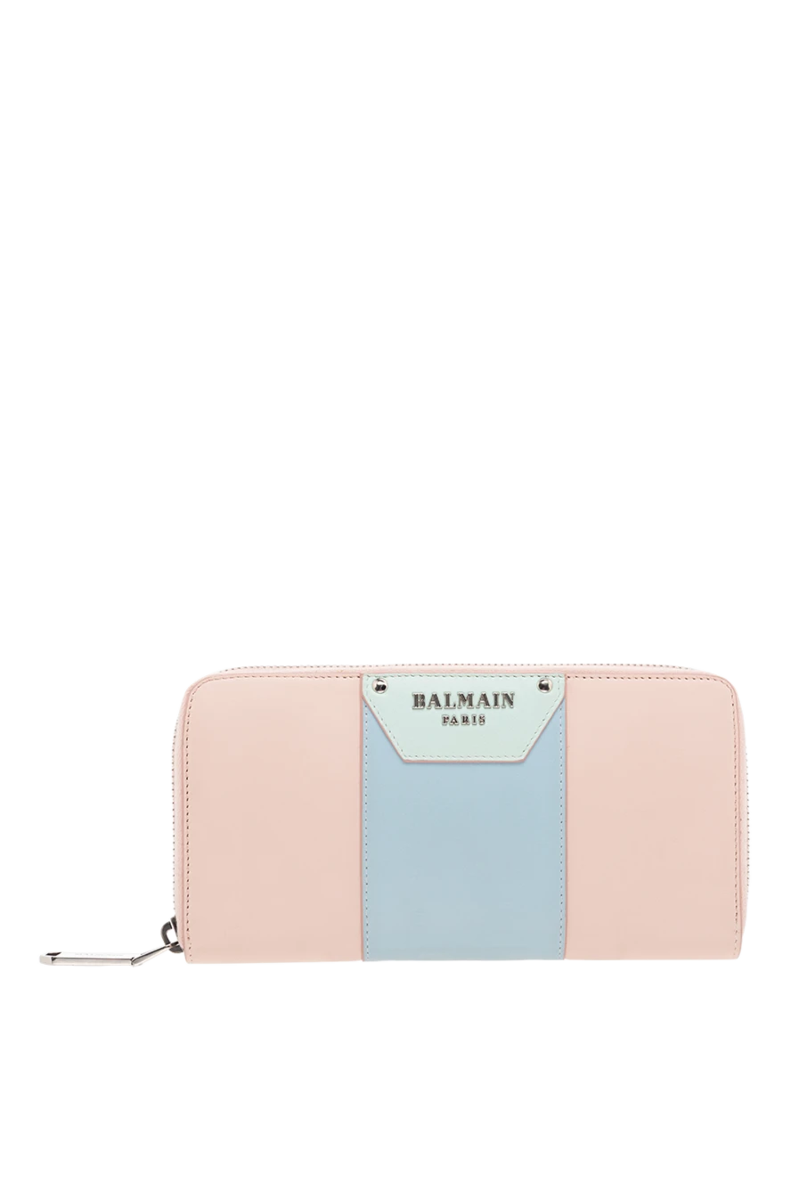 Balmain Women's wallet made of pink and blue leather - metallic logo, textured leather, contrast stripe. 100% genuine leather. zipper. Country of manufacture: Italy. Care: specialized cleaning - photo 1