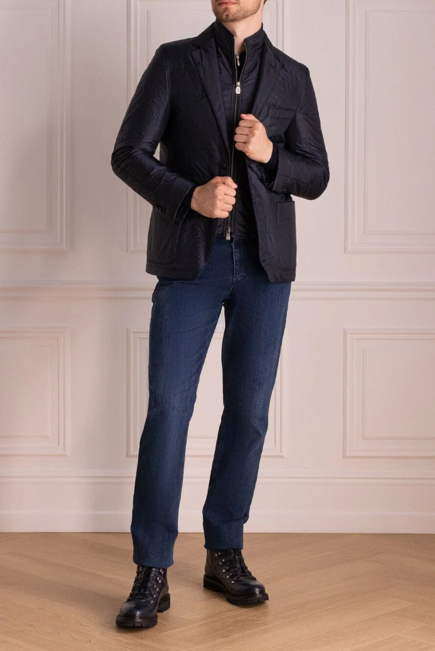 Corneliani men's blue blazer-style jacket with zipper and buttons