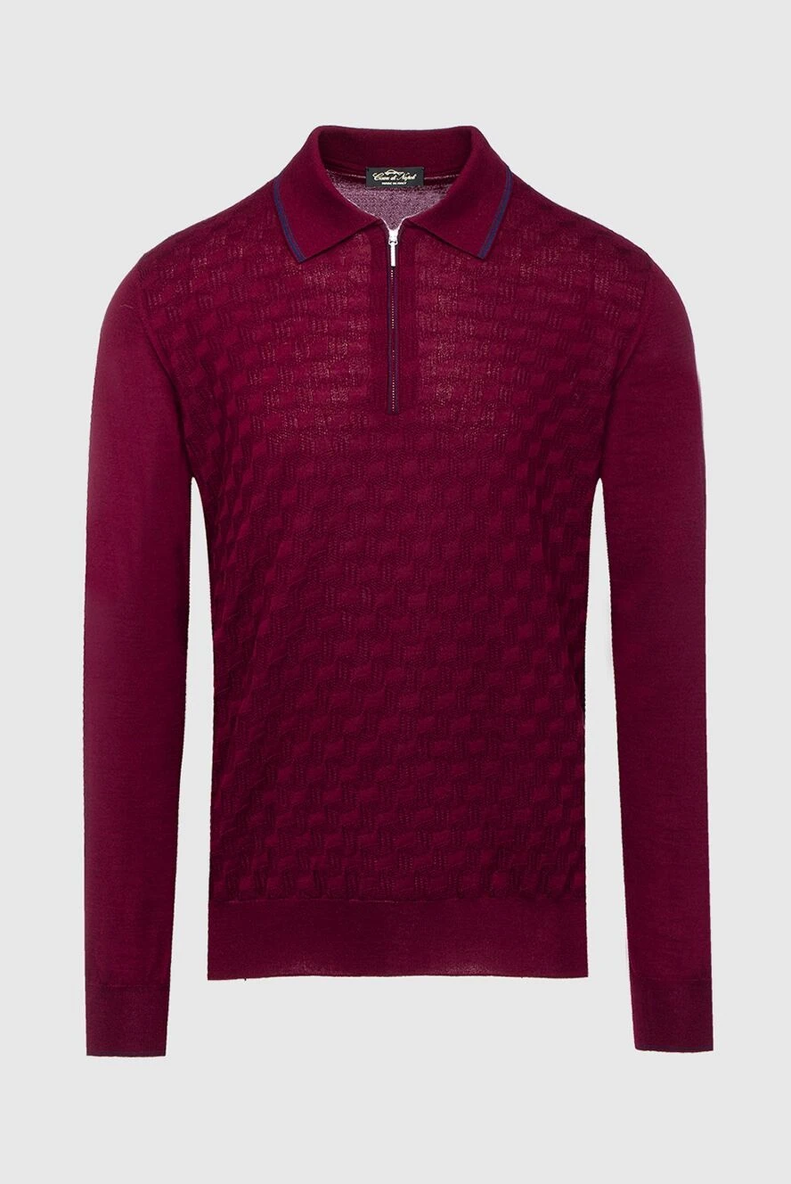 Cesare di Napoli Long-sleeved polo from silk and cashmere burgundy for men - cage pattern. Long sleeve. 70% cashmere, 30% silk. Closure: Zipper. Country of manufacture: Italy. Care: specialized cleaning - photo 1