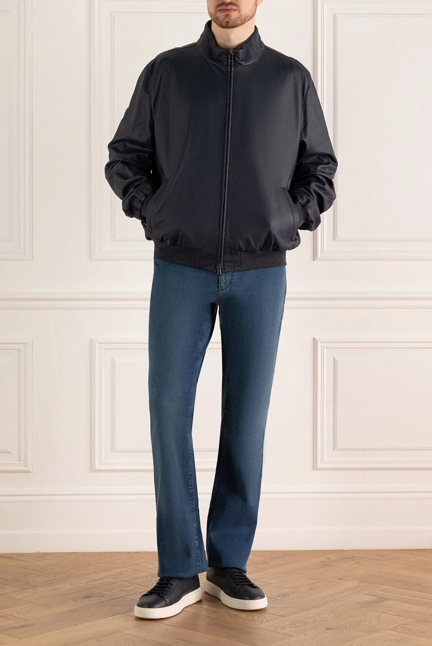Enrico Mandelli dark blue leather jacket with elastic cuffs and