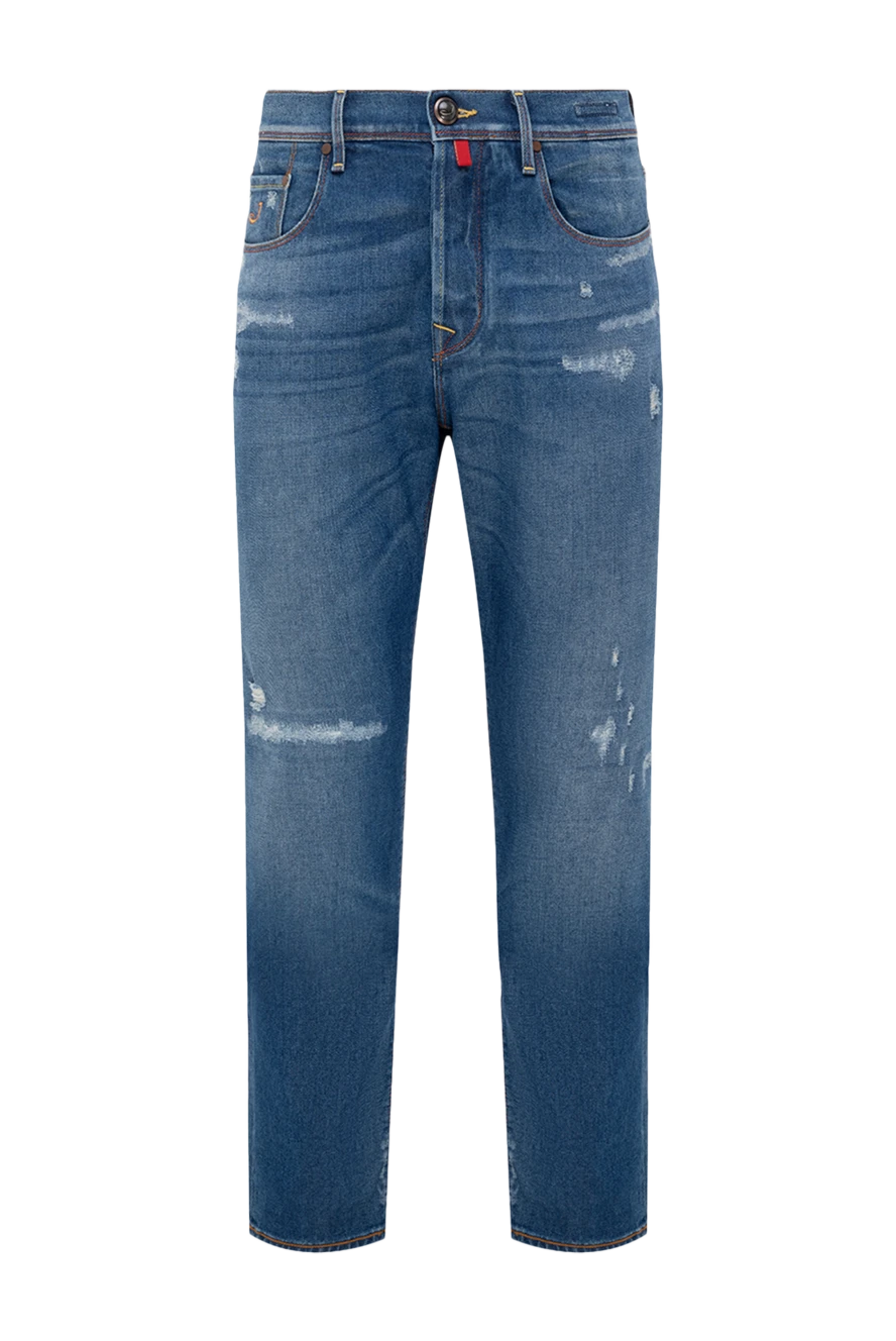 Jacob Cohen Blue cotton jeans for men - logo, contrast stitching, distressed effect, holes. 98% cotton, 2% elastane. Closure: button, zipper. Three side pockets, two back pockets. Country of manufacture: Italy. Care: specialized cleaning - photo 1