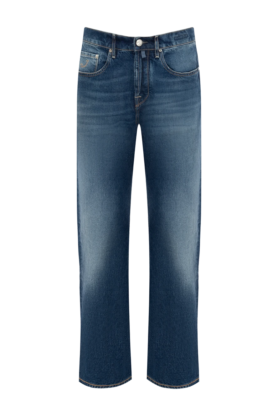 Jacob Cohen Blue cotton jeans for men - logo, contrasting seams, worn effect. 100% cotton. Closure: button, zipper. Three side pockets, two back pockets. Country of manufacture: Italy. Care: specialized cleaning - photo 1