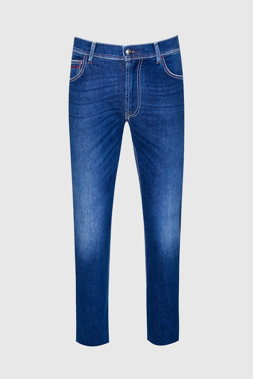 Stefano Ricci Чоловічі джинси синього кольору з червоним оздобленням кишень. - контрастні шви. 76% бавовна, 18% ліоцел, 6% еластан. гудзик, блискавка. три бічні кишені, дві кишені ззаду. Країна виробник: Італія. Догляд: спеціалізоване чищення - фото 1