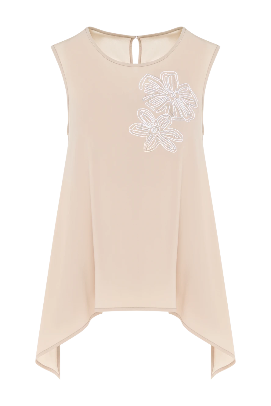 Peserico Women's silk blouse with floral embroidery beige - contrasting flower embroidery, asymmetrical bottom. silk, elastane. button. Country of manufacture: Italy. Care: specialized cleaning - photo 1