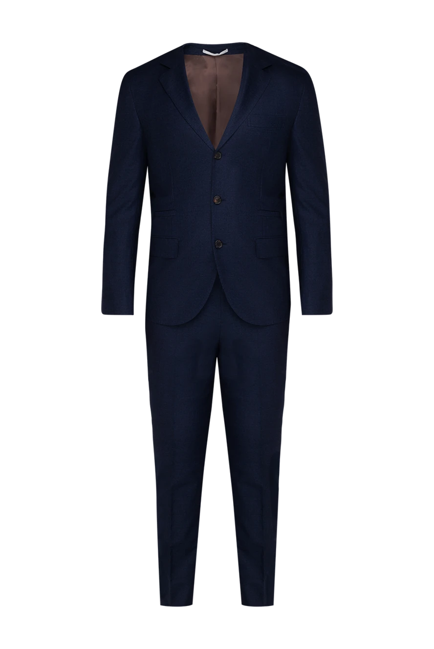 Brunello Cucinelli Костюм мужской из шерсти синий - Шлица. 100% шерсть. Пуговицы, крючок. Нагрудный карман, два кармана с клапанами. Карманы (внутренние): Три кармана. Два боковых кармана, два кармана сзади на пуговицах. 100% купро. Страна производитель: Италия. Уход: специализированная чистка - фото 1