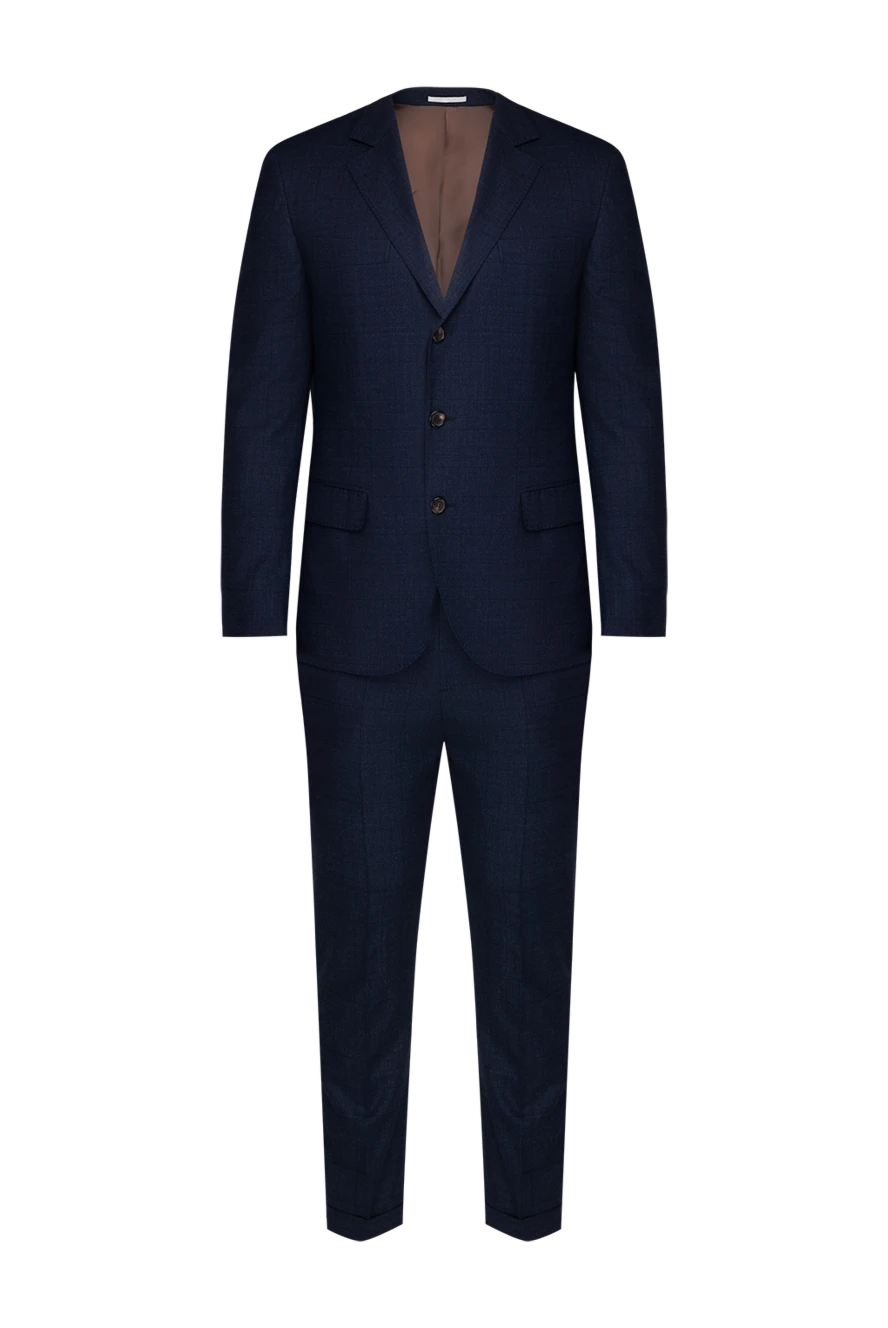 Brunello Cucinelli Костюм мужской из шерсти синий - Шлица. 100% шерсть. Пуговицы, крючок. Нагрудный карман, два кармана с клапанами. Карманы (внутренние): Три кармана. Два боковых кармана, два кармана сзади на пуговицах. 100% купро. Страна производитель: Италия. Уход: специализированная чистка - фото 1