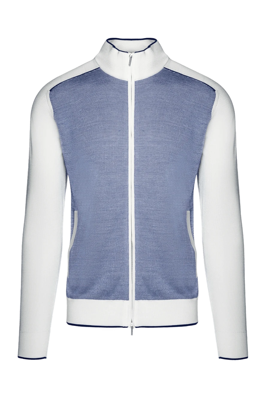 Cesare di Napoli Men's blue silk cardigan - Combination of two colors, contrasting lines on cuffs and collar. 100% silk. Closure: Zipper. Two side pockets. Country of manufacture: Italy. Care: specialized cleaning - photo 1