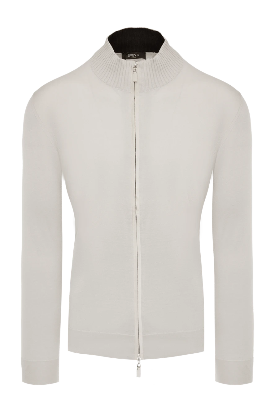 Svevo Men's cardigan made of cotton, cashmere and suede white - Contrasting inserts. High collar. 85% cotton, 15% cashmere, 100% suede. Closure: Zipper. Country of manufacture: Italy. Care: specialized cleaning - photo 1