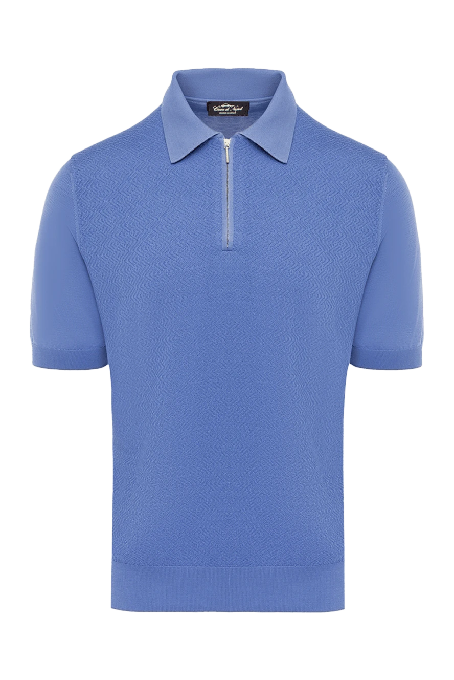 Cesare di Napoli Blue silk polo for men - Embossed pattern. 100% silk. Closure: Zipper. Country of manufacture: Italy. Care: specialized cleaning - photo 1