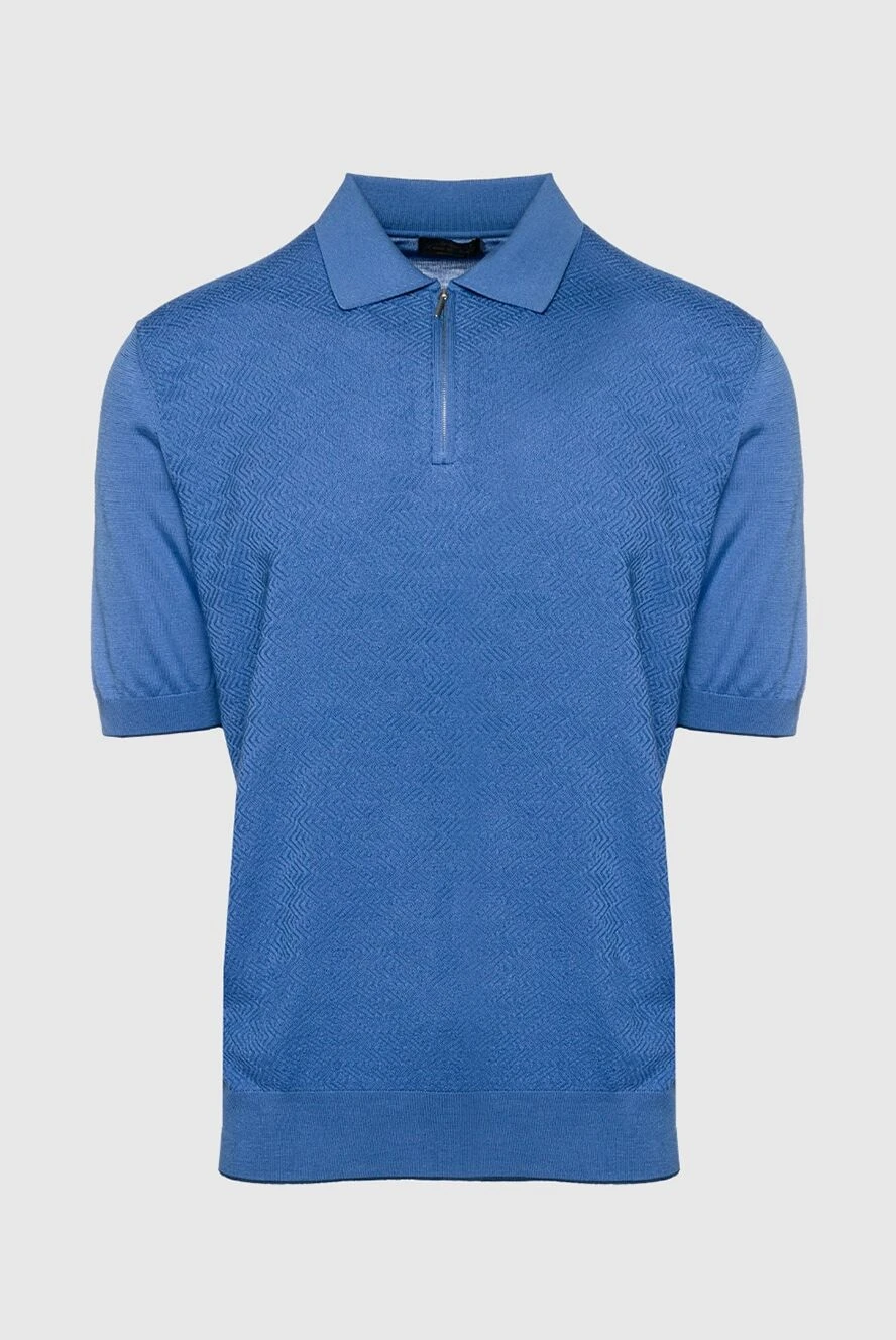 Cesare di Napoli Blue silk polo for men - Embossed pattern. 100% silk. Closure: Zipper. Country of manufacture: Italy. Care: specialized cleaning - photo 1