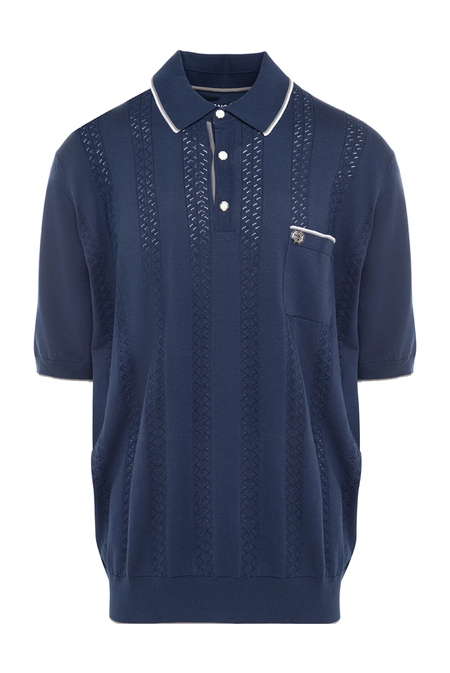 Stefano Ricci Темно синє поло з ажурною фактурою та контрастною окантовкою коміра - Фактурна в'язка, контрастні лінії на комірі. Контрастна нагрудна кишеня. 100% бавовна. Гудзики. Країна виробник: Італія. Догляд: спеціалізоване чищення - фото 1