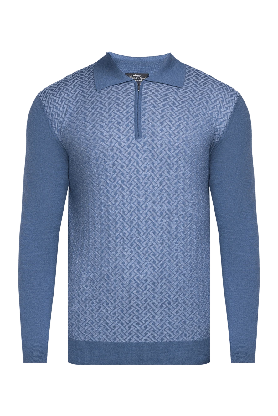 Cesare di Napoli Long-sleeved wool and cashmere polo shirt blue for men - Contrasting inserts, embossed pattern. Long sleeve. 90% cashmere, 10% silk. Closure: Zipper. Country of manufacture: Italy. Care: specialized cleaning - photo 1