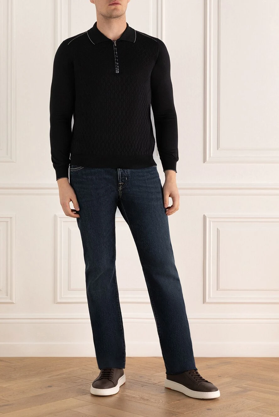 Zilli long sleeve polo with silk and alligator leather black men's