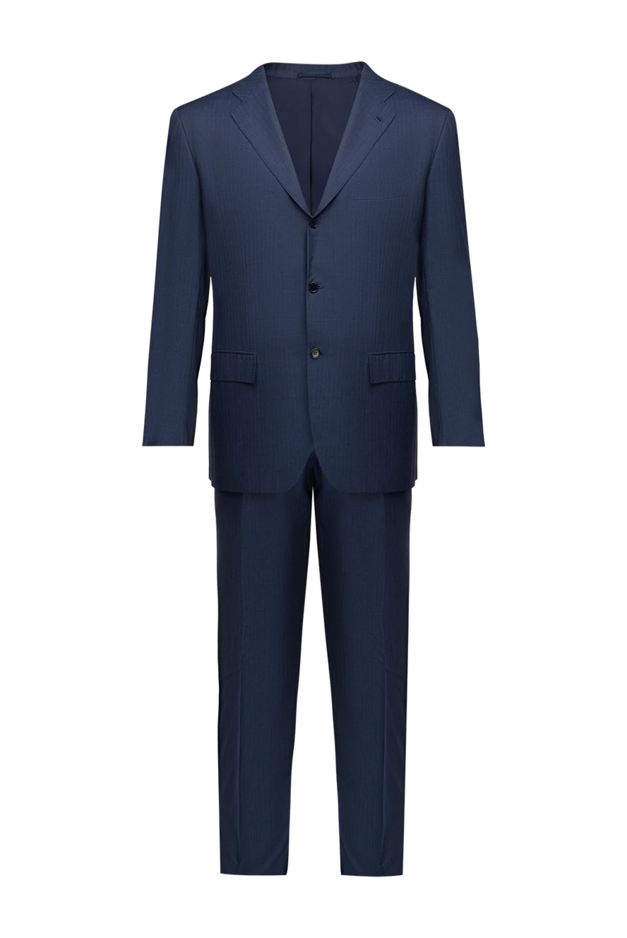 Kiton Men's suit made of wool blue - Slit. 100% wool. Closure: Buttons, hook. Chest pocket, two flap pockets. Three pockets. Two side pockets, two back pockets with buttons. Lining: 100% cupro. Country of manufacture: Italy. Care: specialized cleaning - photo 1