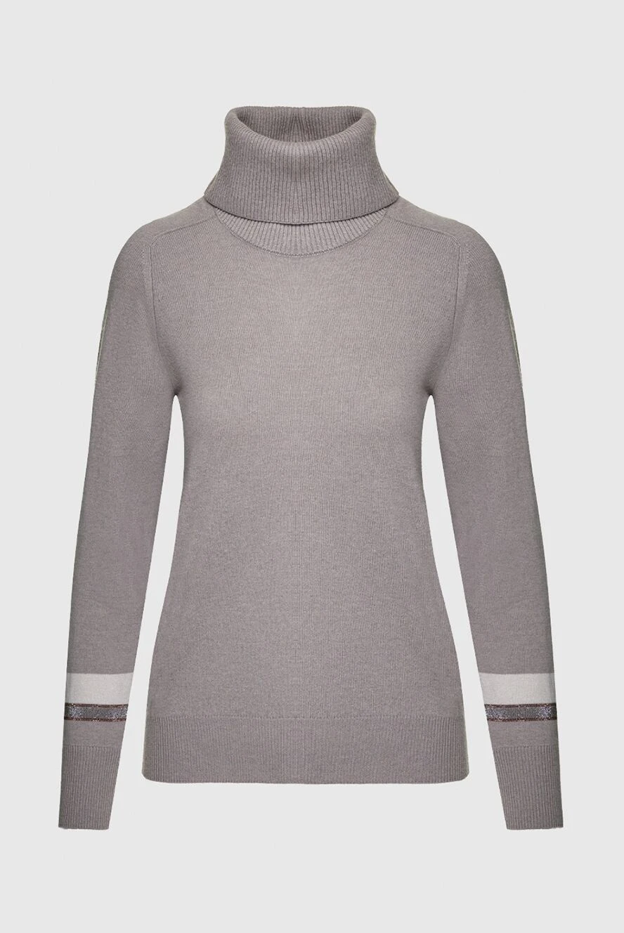 Tonet Gray jumper for women - high neck, contrasting stripes on the sleeves. 70% wool, 20% silk, 10% cashmere. Country of manufacture: Italy. Care: specialized cleaning - photo 1