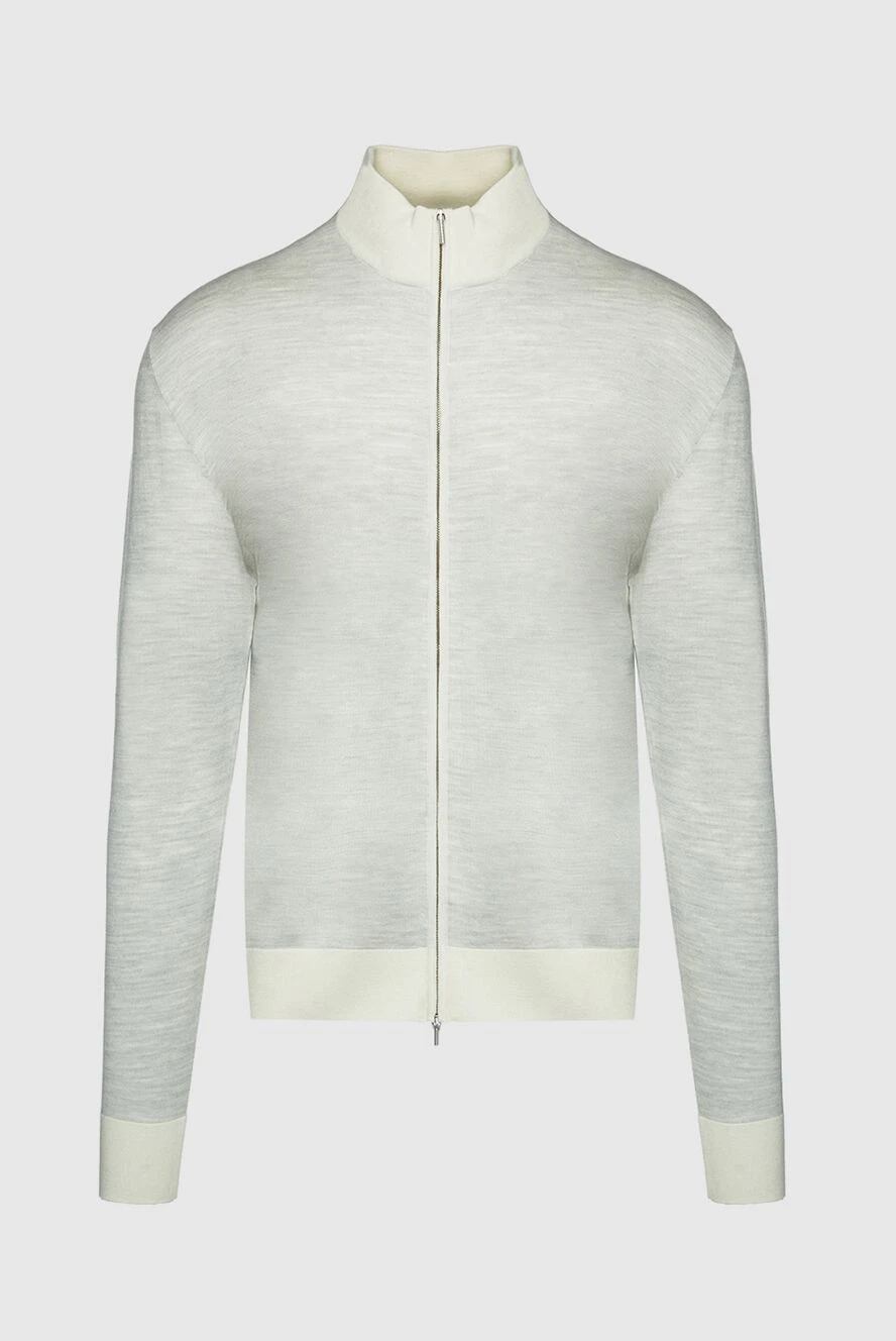 Cesare di Napoli Men's cardigan made of wool and silk, white - Contrast cuffs. 65% wool, 35% silk. Closure: Zipper. Country of manufacture: Italy. Care: specialized cleaning - photo 1