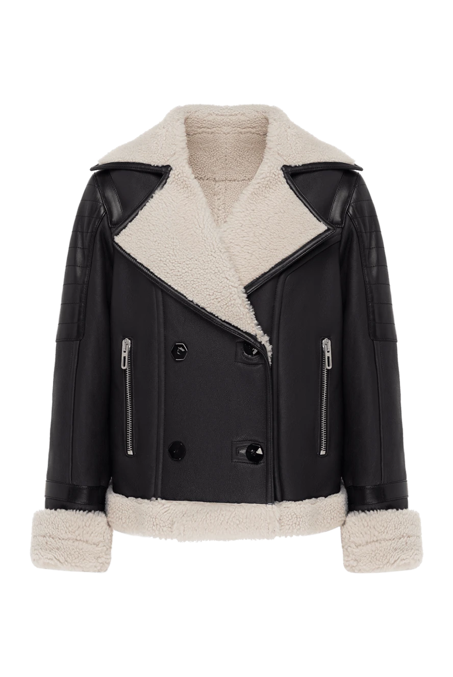 DROMe Black sheepskin coat made of natural fur for women - fur collar, fur edging. natural fur, genuine leather. zipper, buttons. two side pockets. Country of manufacture: Italy. Care: specialized cleaning - photo 1