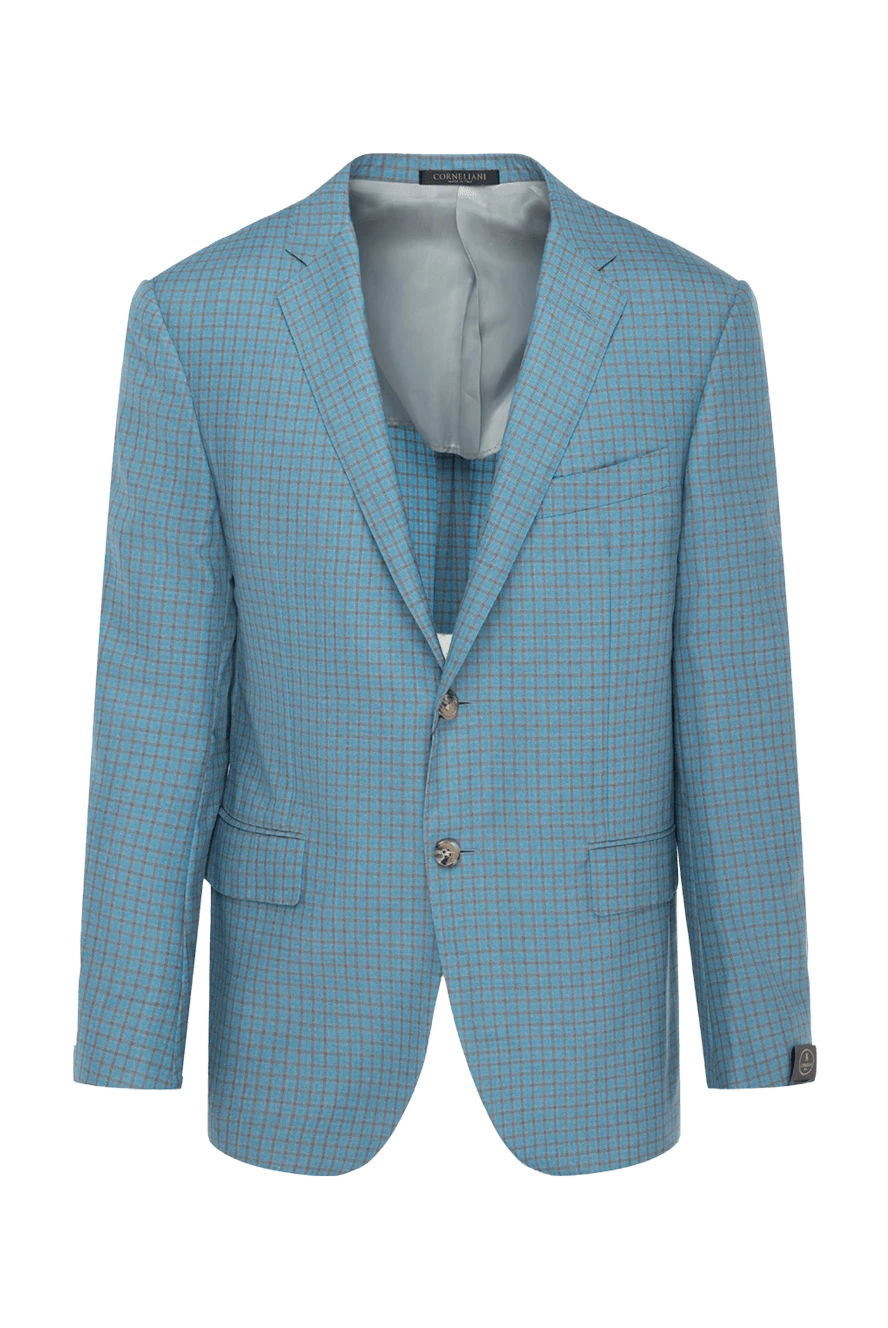 Corneliani Men's blue wool and silk jacket - Decor: slot, check pattern. Composition: 75% wool, 25% silk. Fastening: two buttons. Pockets: three internal, two side, chest pocket. Lining: 100% cupro. Country of manufacture: Italy. Care: specialized cleaning - photo 1