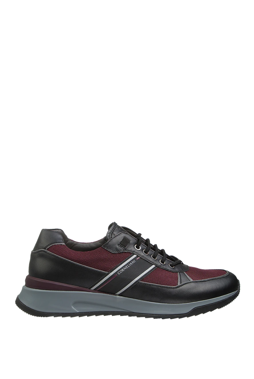 Corneliani Textile and leather sneakers burgundy for men - fabric inserts, contrast sole, logo print. 50% techno fabric, 50% leather. lacing. Outsole: rubber. Country of manufacture: Italy. Care: specialized cleaning - photo 1