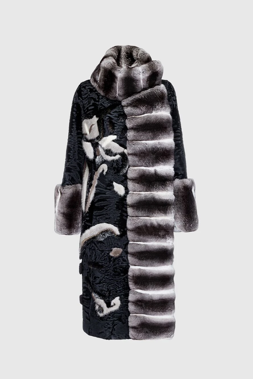 Fabio Gavazzi Black women's fur coat made of swakara and chinchilla fur - fancy swakara pattern, chinchilla fur. Closure: buttons. two side pockets with button flaps. Country of manufacture: Italy. Care: specialized cleaning - photo 1